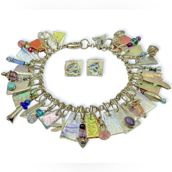 Harold Lujan Dichroic Rainbow Glass Charm Bracelet and Earrings Set - Picture 4 of 17